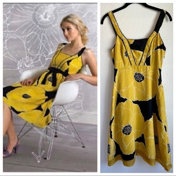 Anthro Moulinette Soeurs Brighter Seasons Mustard Floral 100% Silk Dress -Size 0 - Picture 1 of 11